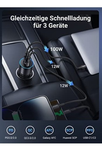 UGREEN 130 W USB-C KFZ Autoladegerät mit 3-Ports