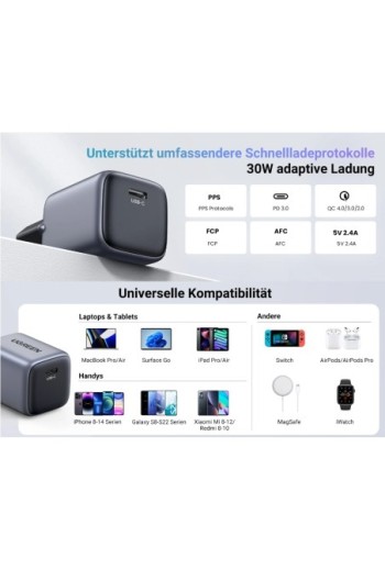 UGREEN-Set: Nexode 30 W USB-C GaN II Ladegerät + 60 W USB-C Ladekabel (1 M)