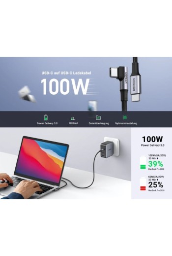 UGREEN 100 W USB-C auf USB-C Ladekabel (Winkel 90 Grad)