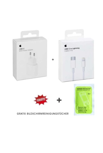 Apple iPhone 15 - 14 - 13 - 12 - 11 Original Ladegerät - 20W USB-C Power Adapter (Netzteil) + 1m Lightning to USB-C Ladekabel - 