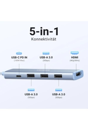 Revodok Stilvolle Serie 5-IN-1 USB-C 4K HDMI Hub (Blau)